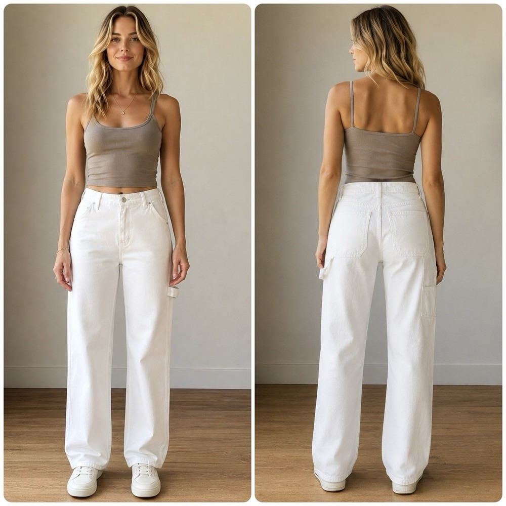 Reformation Diego Wide Leg Baggy Carpenter Utility Jeans Optic White Sz 28**